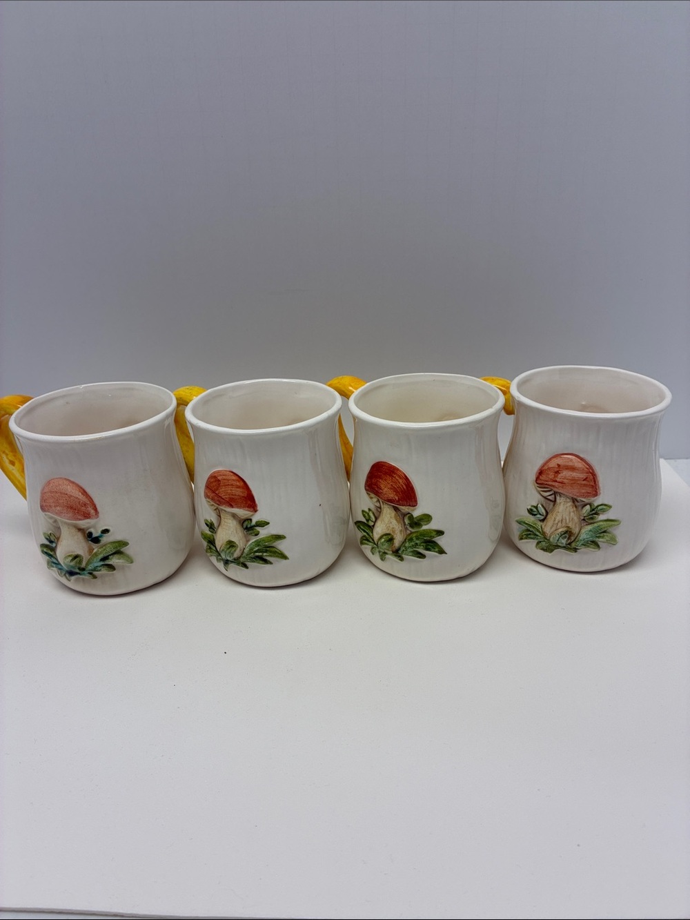 Vintage Merry Mushroom Ceramic Mug Set Yellow Handle Hand Painted Set of 4 - Picture 8 of 10